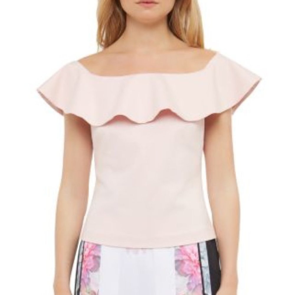 Ted Baker Perui Frill Detail Bardot Top In Baby Pink Size 1